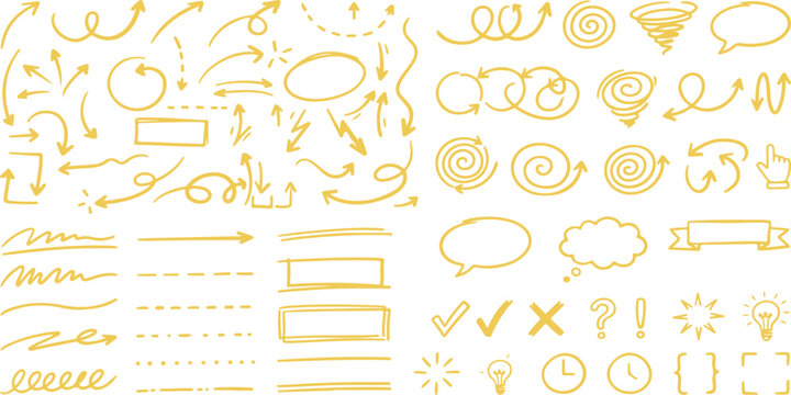 Golden Annotation and Navigation Elements : Hand Drawn Doodle Arrows Symbols Callouts and Marker Graphics Set