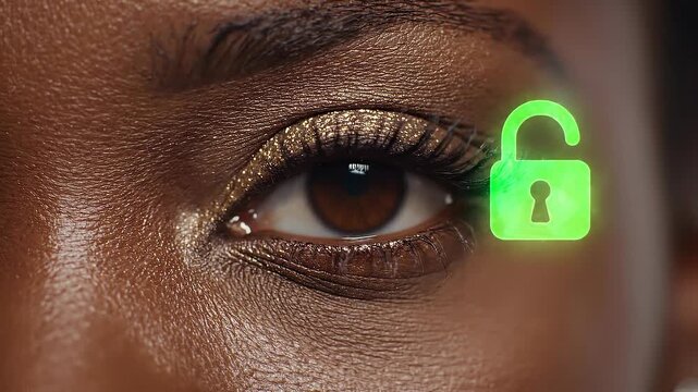 Close up of a woman eye with digital security lock hologram representing biometric authentication and data protection