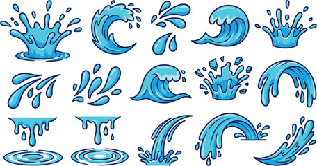 Naklejka premium Water splash and ocean wave cartoon icon set containing blue liquid drops crowns ripples and flows vector outline collection
