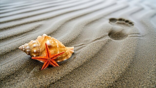 Beach - Vibrant Orange Starfish and Conch Shell on Wet Rippled Sand With Bare Human Footprint
