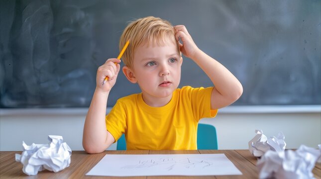 Confused schoolboy scratching head while sitting at desk in classroom. Child struggling with difficult task or homework assignment.