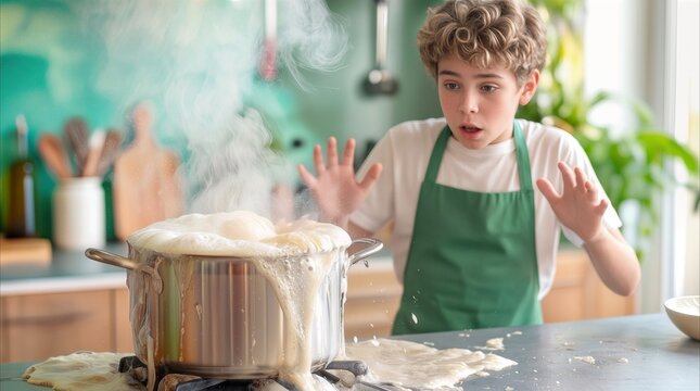 Boy in green apron reacting with surprise to pot boiling over on kitchen counter. Culinary mishap during cooking lesson at home.