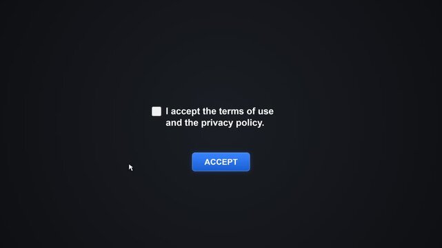 Terms of use and privacy policy acceptance checkbox with a blue button on a dark background screen