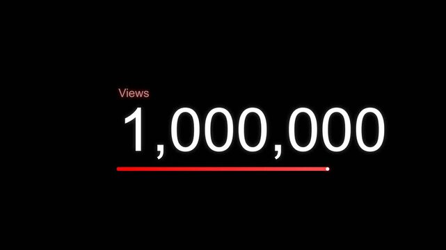 Views counter reaching one million milestone with a red progress bar on a black background screen