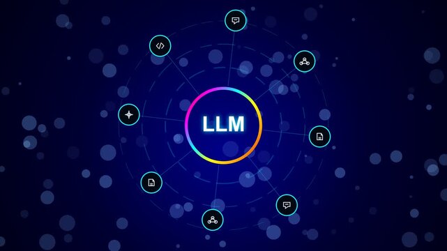 Llm large language model concept with circular digital icons on a dark blue background animation
