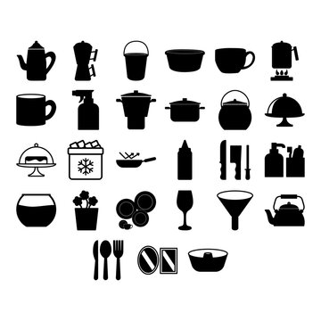 Kitchen utensils and houseware silhouette vector icons set