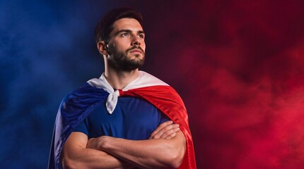 France flag, man and sports fan with cape in smoke for national day, football support and patriotic event. Heroic male, pride and championship with athlete, victory and french spirit for team competi