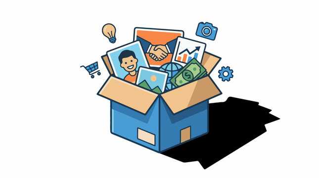 A blue box overflowing with various items