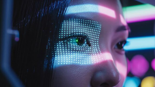 Close up of woman undergoing futuristic facial recognition scan with digital light grid and red laser technology