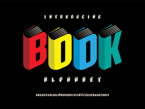 Book style alphabet design with uppercase, numbers and symbol
