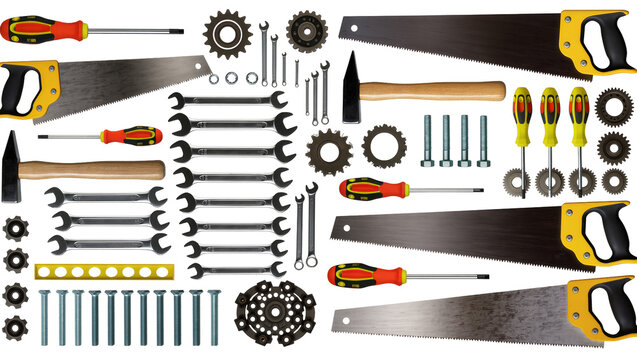 Isolated assortment of various hand tools and mechanical components on a clean surface