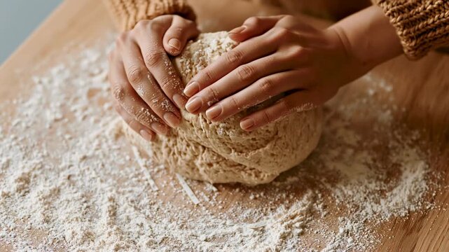 Hands kneading whole wheat dough floured wooden board cozy sweater sleeve warm natural light artisan bread making close up textured surface flour