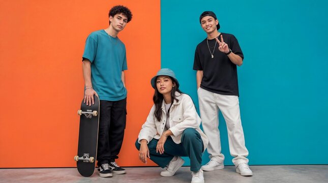 Streetwear fashion, youth and friends with skateboard for urban style, apparel marketing and Gen Z lifestyle. Diverse group, casual wear and clothing in studio with backdrop, trend and cool outfits