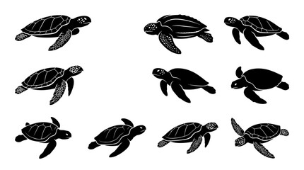 Black silhouettes of multiple sea turtles. © pratama yudi