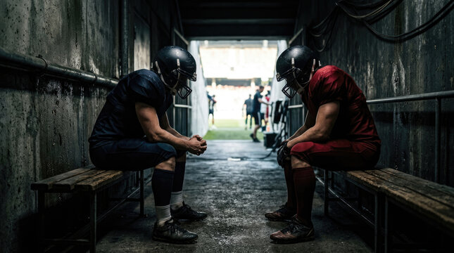 Two American football players in dark uniforms and helmets sit facing each other on wooden benches inside a dimly lit, gritty stadium tunnel. 