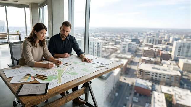 Professional architects reviewing urban city site plans in office room