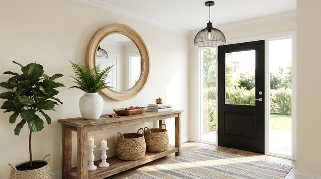 Modern entryway with a wooden console table, round mirror, and black front door