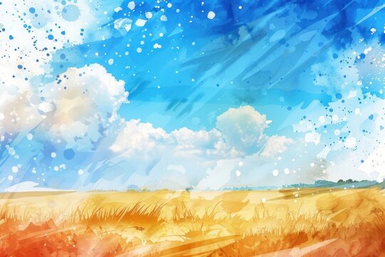 Abstract watercolour background design of a field with sky and clouds landscape outdoors scenery.