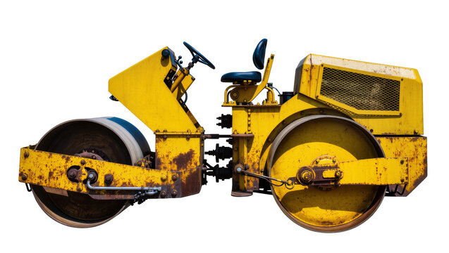 Isolated classic old yellow road roller heavy construction equipment for road building