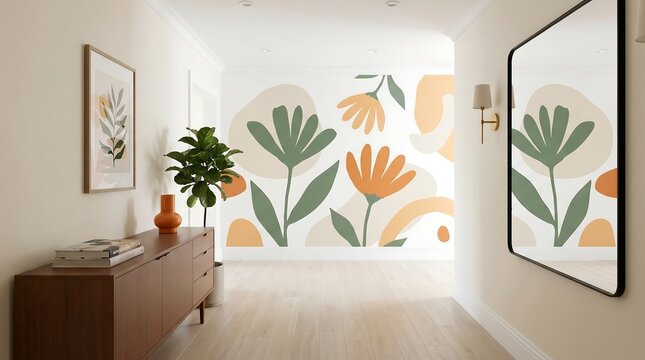 Modern hallway interior with floral mural wallpaper, wooden console table, mirror, and houseplant in a bright home