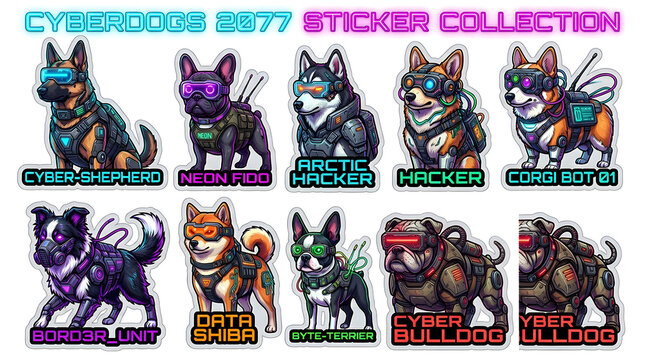 Cyberpunk Dog Sticker Collection: A vibrant collection of digitally illustrated dogs reimagined as futuristic cyborgs, each with unique robotic enhancements and glowing neon accents.