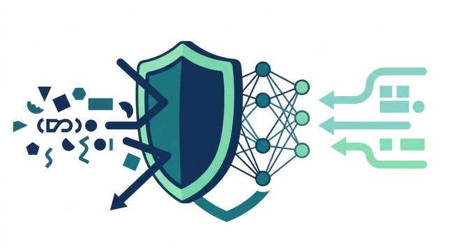 Visual shows the connection between artificial intelligence ethics and neural networks with a shield symbol protecting data and algorithms