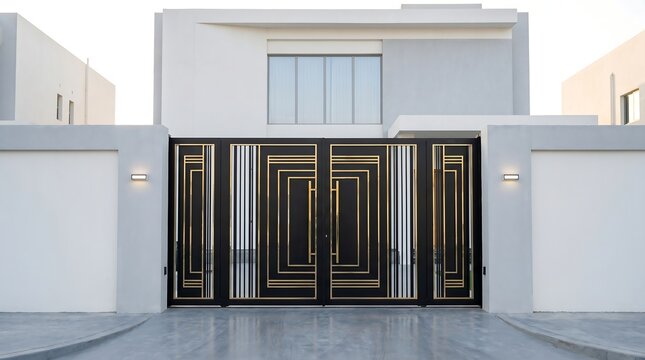 Modern luxury house gate with geometric gold and black metal design in front of a contemporary villa