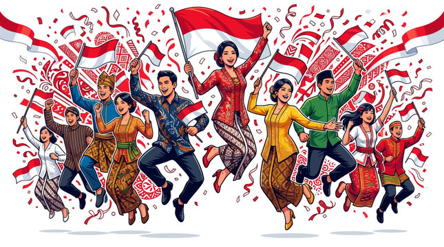 Vibrant Indonesian people celebrating with traditional clothing and flag