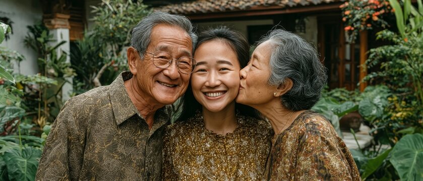 An elderly couple lovingly embraces their adult daughter in a lush garden background, celebrating family bonds and intergenerational joy.