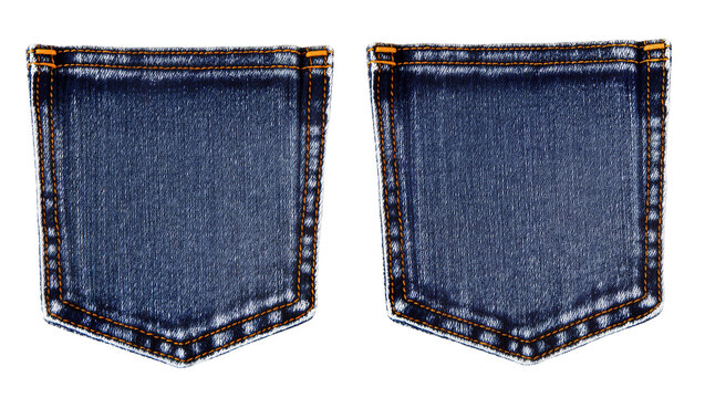 Isolated blue denim jeans pockets with orange stitching, classic clothing detail