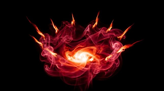 Vibrant red smoke swirling into a glowing fiery vortex with sharp orange flames extending outwards against a deep black background captured in high resolution detail