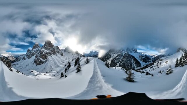 360 degree panoramic view of snow covered mountains