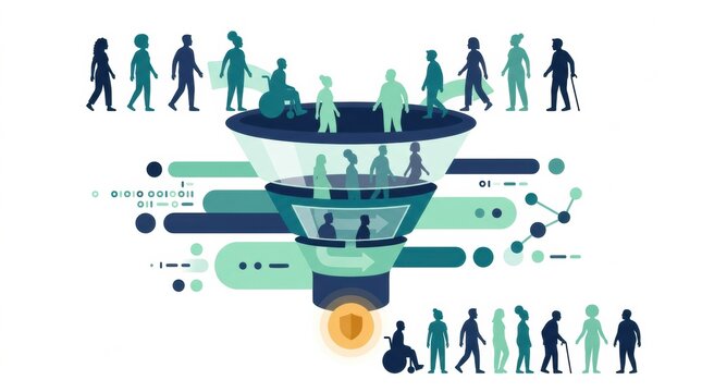 Diagram shows different groups of people entering an algorithm funnel related to ethical discussions on artificial intelligence and inclusivity.