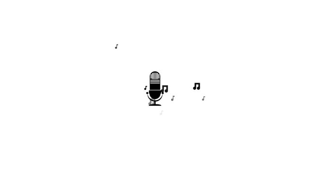 Microphone icon accompanied by musical notes signifies the recording of audio, podcast production, and vocal performance in a creative studio environment for digital media content creators.