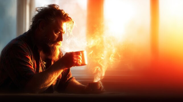A rugged man is lost in contemplation while savoring a steaming cup of coffee, bathed in the warm light of sunrise filtering through a window, exuding tranquility and reflection.