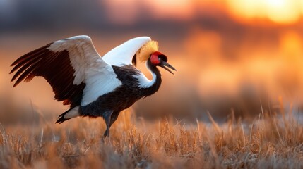 Obraz premium A majestic crane spreads its wings in a golden field at dusk, showcasing its beautiful plumage against a stunning sunset backdrop that embodies grace and freedom.