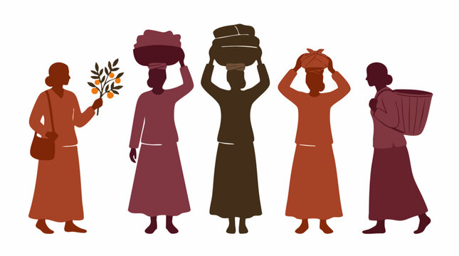 African Women Silhouettes Carrying Baskets and Orange Branch