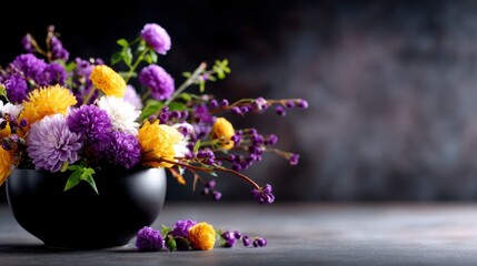 Obraz premium A stunning arrangement of vibrant flowers in a chic black bowl adds a touch of elegance to any space, perfect for decor or a centerpiece.
