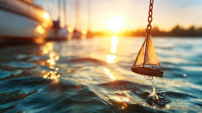 A beautiful sunset casts a warm glow over a small sailing boat, gently bobbing on calm waters, creating a peaceful and idyllic maritime atmosphere.