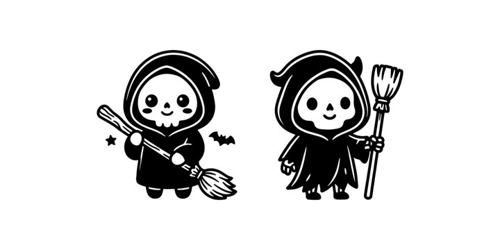 Two cute chibi skull characters in hooded robes holding brooms for whimsical halloween card design.