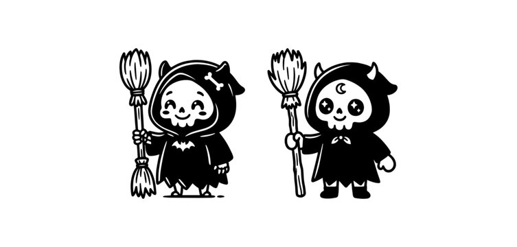 Set of two small skull characters in hooded cloaks holding brooms for cute halloween vector art.