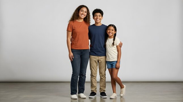 Full length studio portrait of three happy Hispanic siblings, two girls and one boy, smiling at the camera, standing together on a light gray background with a concrete floor.