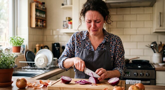 Woman crying while chopping onions on kitchen cutting board