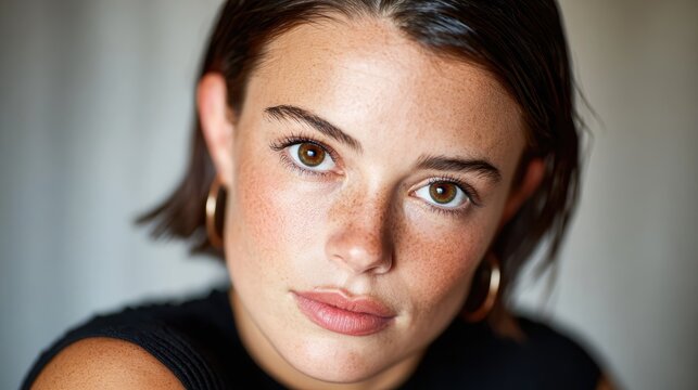 Close-up portrait of a young woman showcasing her striking freckled complexion and hoop earrings, highlighting youthfulness and beauty in modern photography.