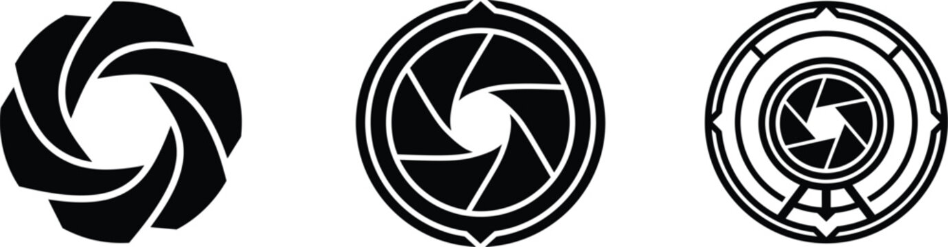 Camera lens shutter aperture vector collection with circular geometric patterns and technical diaphragm icons for photography branding.