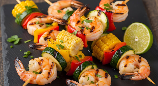 Grilled shrimp skewers with corn and bell peppers on dark stone board featuring colorful vegetable kabobs seasoned with fresh herbs and served with lime for summer bbq parties.