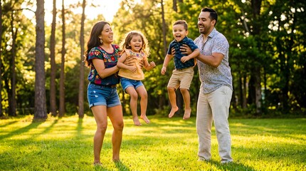 Obraz premium Joyful family with two young children laughing and playing outdoors in a sunlit park, parents lifting kids up during a warm golden hour afternoon
