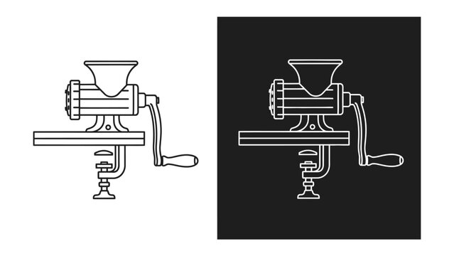 Vintage Meat Grinder: A detailed line art illustration of a classic meat grinder, featuring a hand crank, a funnel, and a clamp for securing it to a surface.