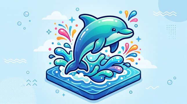 Glossy kawaii dolphin in aqua-blue gradient leaping from a square water platform. Surrounded by vibrant splashes, bubbles, and sparkles. Bold 3D sticker style with thick outlines, shine, and playful c