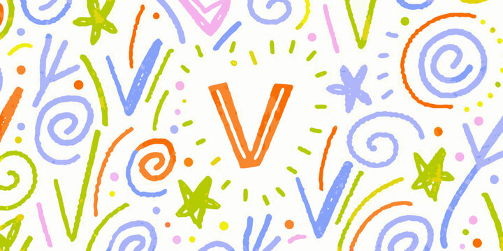 Colorful letter v with doodle shapes on a white background